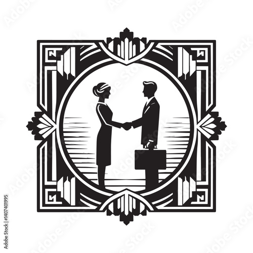 Silhouette art deco style handshake between a woman and a businessman