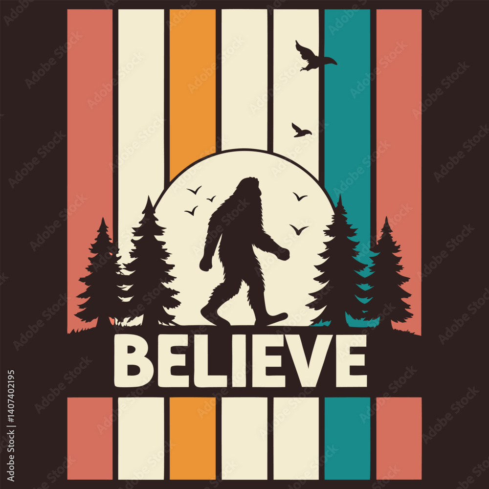 Fototapeta premium I Believe Bigfoot Retro Forest Moon T-Shirt for Cryptid Believers.