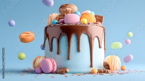 Sweet Indulgence Cake: A delectable cake, adorned with a cascade of luscious chocolate and an array of colorful treats, embodies pure delight on a soft blue backdrop.