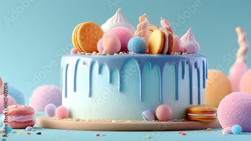 Sweet Celebrations: An inviting close-up of a meticulously crafted cake, a centerpiece of the party scene, adorned with an array of colorful macarons, soft pink candies and luscious icing.