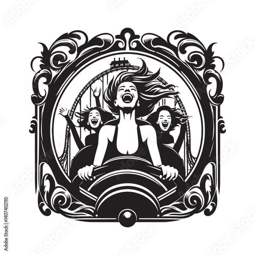 Silhouette artwork of women enjoying a thrilling roller coaster experience