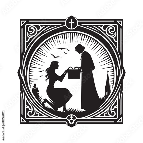 Silhouette artwork of charitable event organization with sacred building