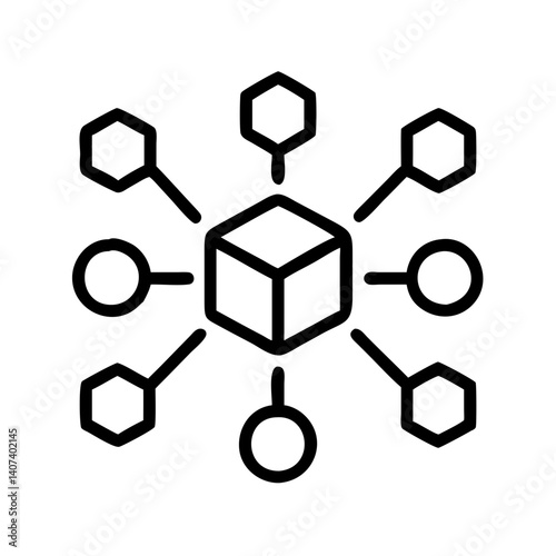 Network connection diagram with cube and hexagon nodes for blockchain technology and data sharing