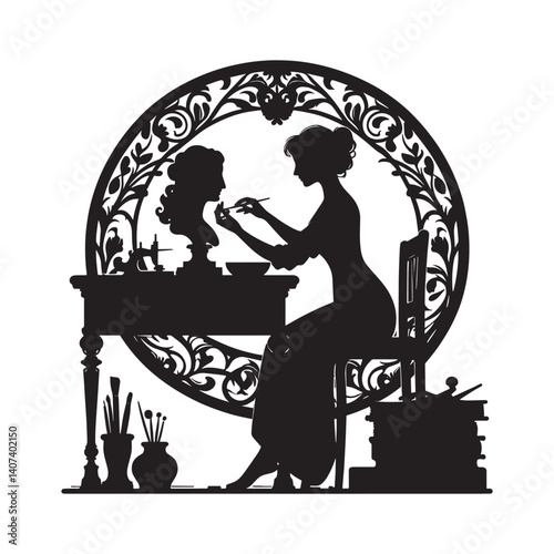 Silhouette depicting a female artisan sculpting a bust within ornate frame