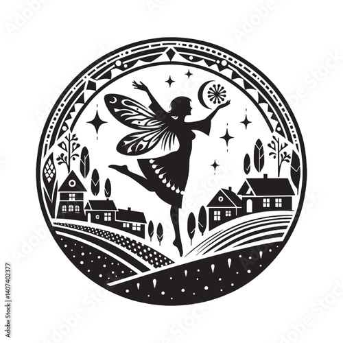 Silhouette fairy dancing over a village at night spreading magic dust