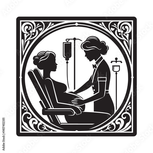 Silhouette depiction of labor care and medical support in childbirth setting