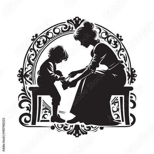 Silhouette illustration of a mother teaching her child to tie shoes, elegant