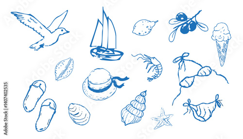 Summer seashore greek sea tourism, rest sketch drawing. Line hand drawn beach party elements. Vacation doodle tropical print.