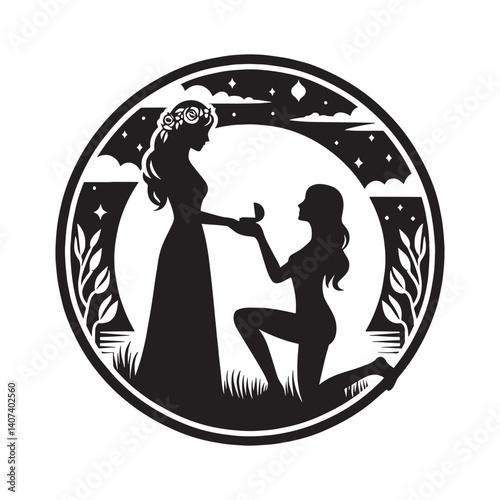 Silhouette illustration of a marriage proposal between two women in nature