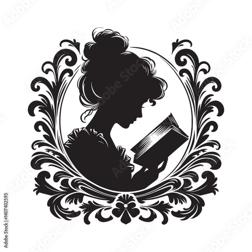Silhouette illustration of a woman absorbed in reading a novel in a frame