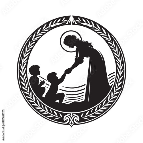 Silhouette image portraying a caregiver aiding children in a stylized setting