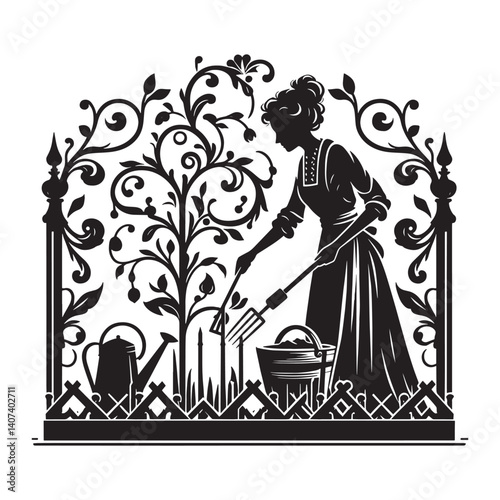 Silhouette illustration of woman gardening with trellis backdrop design