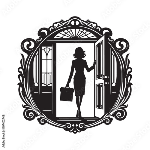 Silhouette of a businesswoman at an ornate doorway with briefcase in hand