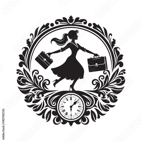Silhouette of a business woman in action carrying briefcases inside ornate circular frame