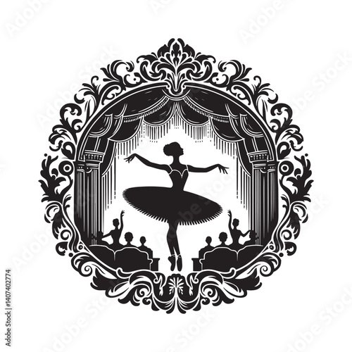 Silhouette of a ballerina dancing in a grand theater with elegant ornamentation