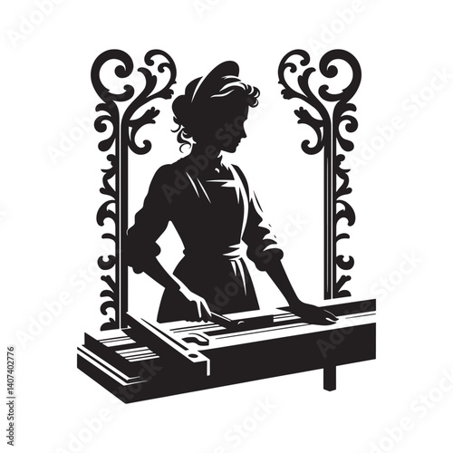 Silhouette of a Carpenter Woman Working with Flourishes Illustration