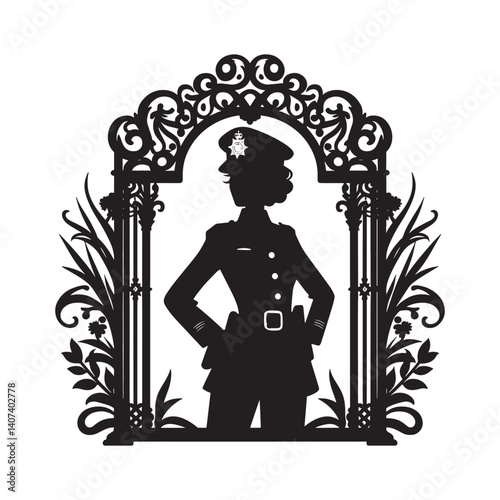 Silhouette of a confident policewoman in a decorative floral frame