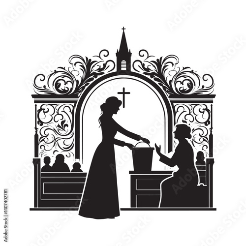 Silhouette of a church fundraising event with women organizing donations