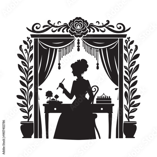 Silhouette of a creative woman artist inside a victorian flourish framework