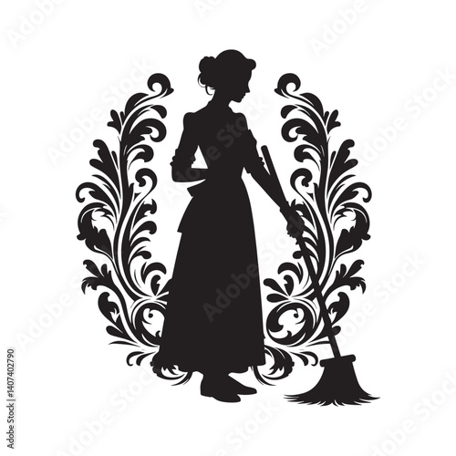 Silhouette of a cleaning woman framed by Victorian style flourishes