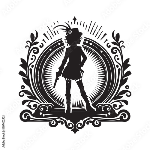 Silhouette of a daring woman in vintage outfit, standing in decorative frame