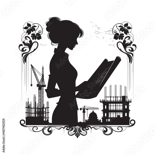 Silhouette of a female architect examining blueprints at a construction site