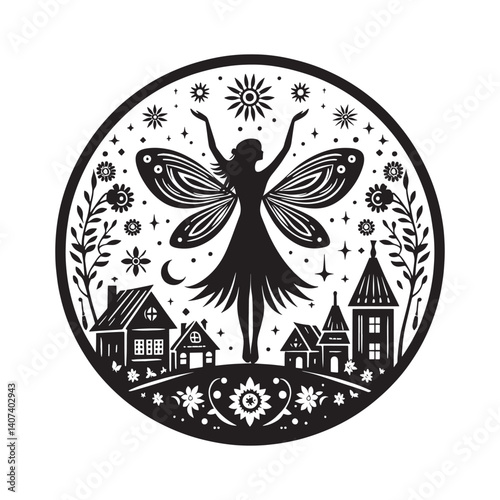 Silhouette of a fairy spreading celestial magic over a tiny village scene