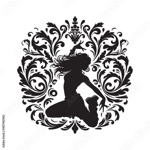 Silhouette of a female breakdancer in an ornate Victorian flourish design