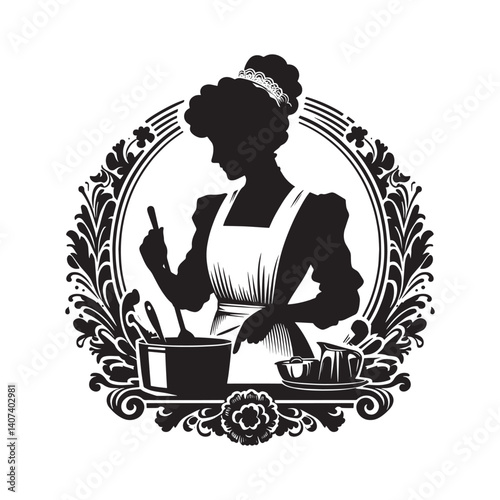 Silhouette of a female chef mixing ingredients inside ornate floral frame