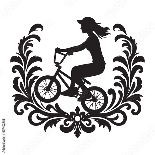 Silhouette of a female BMX rider inside ornate Victorian flourish border