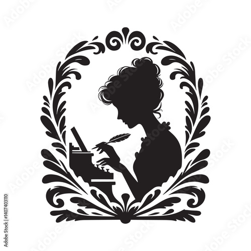 Silhouette of a female writer with a feather pen and decorative flourish