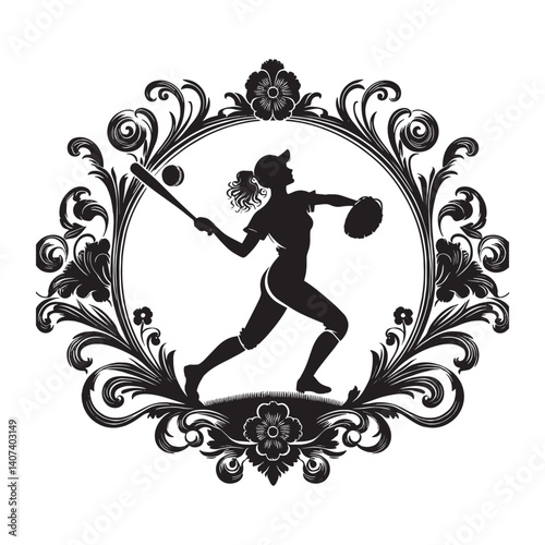 Silhouette of a female softball player within an ornate Victorian flourish frame