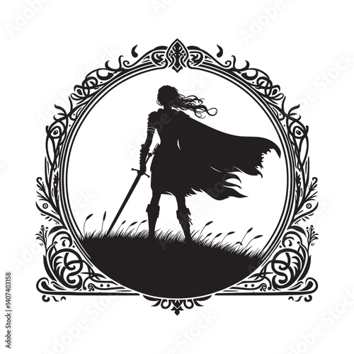 Silhouette of a fierce female warrior standing on a hilltop with sword