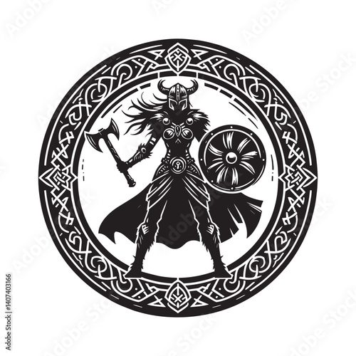Silhouette of a fierce Viking woman warrior with axe and shield in ornate circle