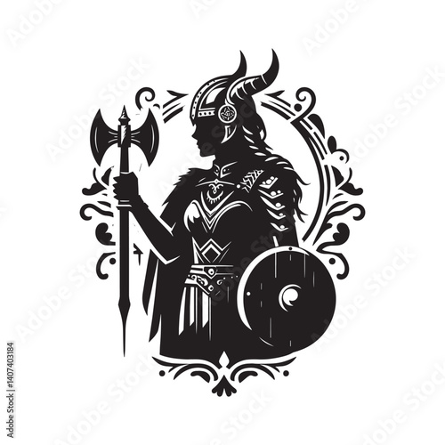 Silhouette of a fierce woman warrior in detailed Viking costume design
