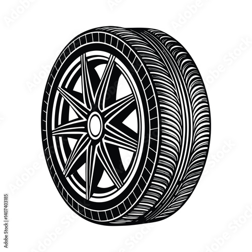 Black and White Car Wheel and Tire Icon, Automotive Vector Illustration