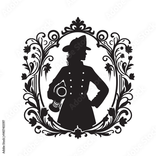 Silhouette of a firefighter inside an ornate Victorian flourish frame