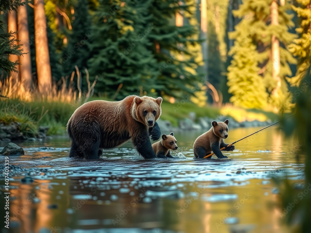 A family of bears are playing in a river. The mother bear is holding her cubs on her back