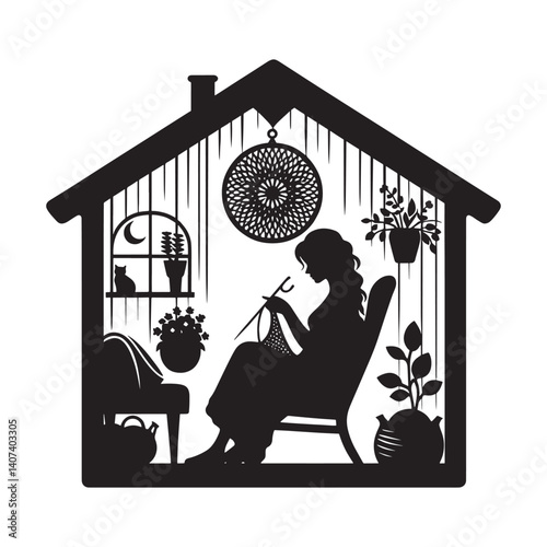 silhouette of A homely setting of a lady knitting in her favorite corner of the house e bohemian
