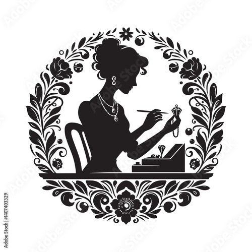 Silhouette of a jewelry designer crafting a unique piece in floral frame