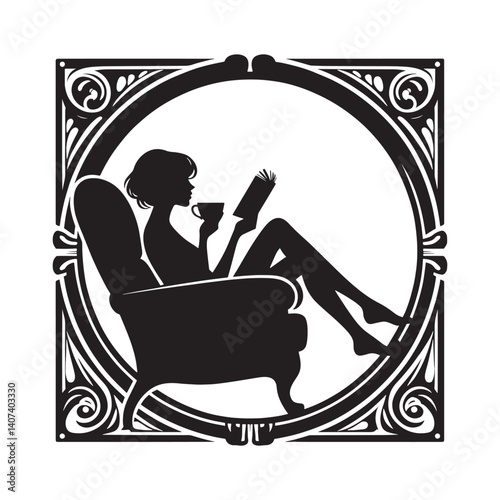 Silhouette of a lady enjoying leisure time reading with a cup of tea in art nouveau style frame