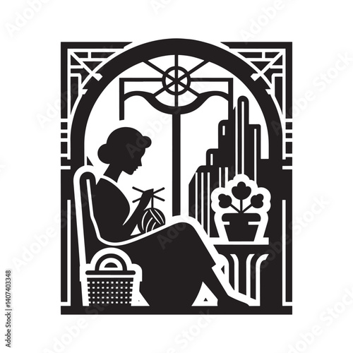 Silhouette of a lady knitting a cozy scene with art deco flair