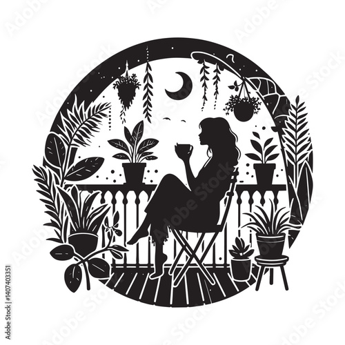 Silhouette of a lady relaxing on a home balcony filled with lush plants