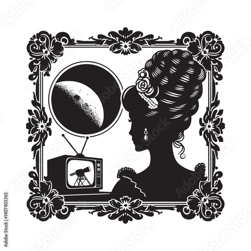 Silhouette of a lady with ornate hairstyle watching moon landing on TV