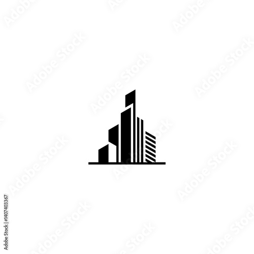 Minimalist black and white real estate logo featuring abstract skyscrapers inside a square frame. Perfect for construction companies, architecture firms, property developers, and modern business brand