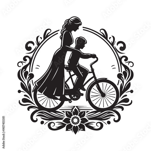 Silhouette of a Mother Teaching Her Child to Ride a Bicycle Surrounded by Floral Elements