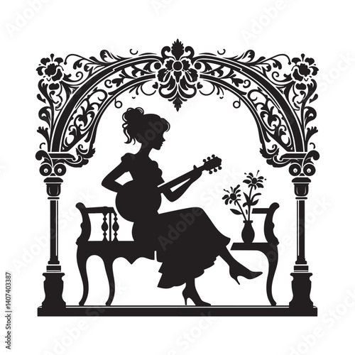 Silhouette of a Musician Playing Guitar Under a Victorian Archway Design