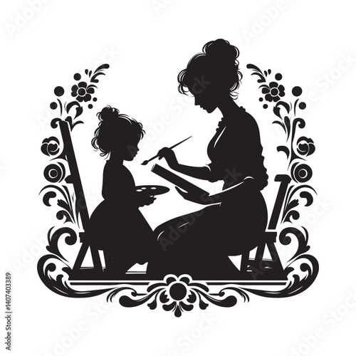 Silhouette of a mother and child engaged in painting together with affection