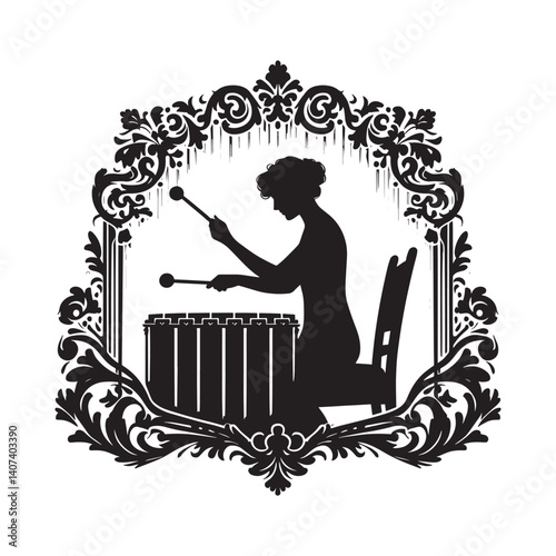 Silhouette of a musician plays timpani within an ornamental Victorian frame