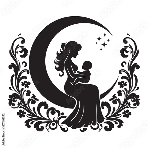 Silhouette of a mother cradling her baby seated on a crescent moon